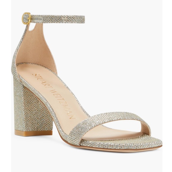 Stuart Weitzman Nudistcurve 75 Block Heel Glittery Sandal In Platino Gold - Picture 1 of 7
